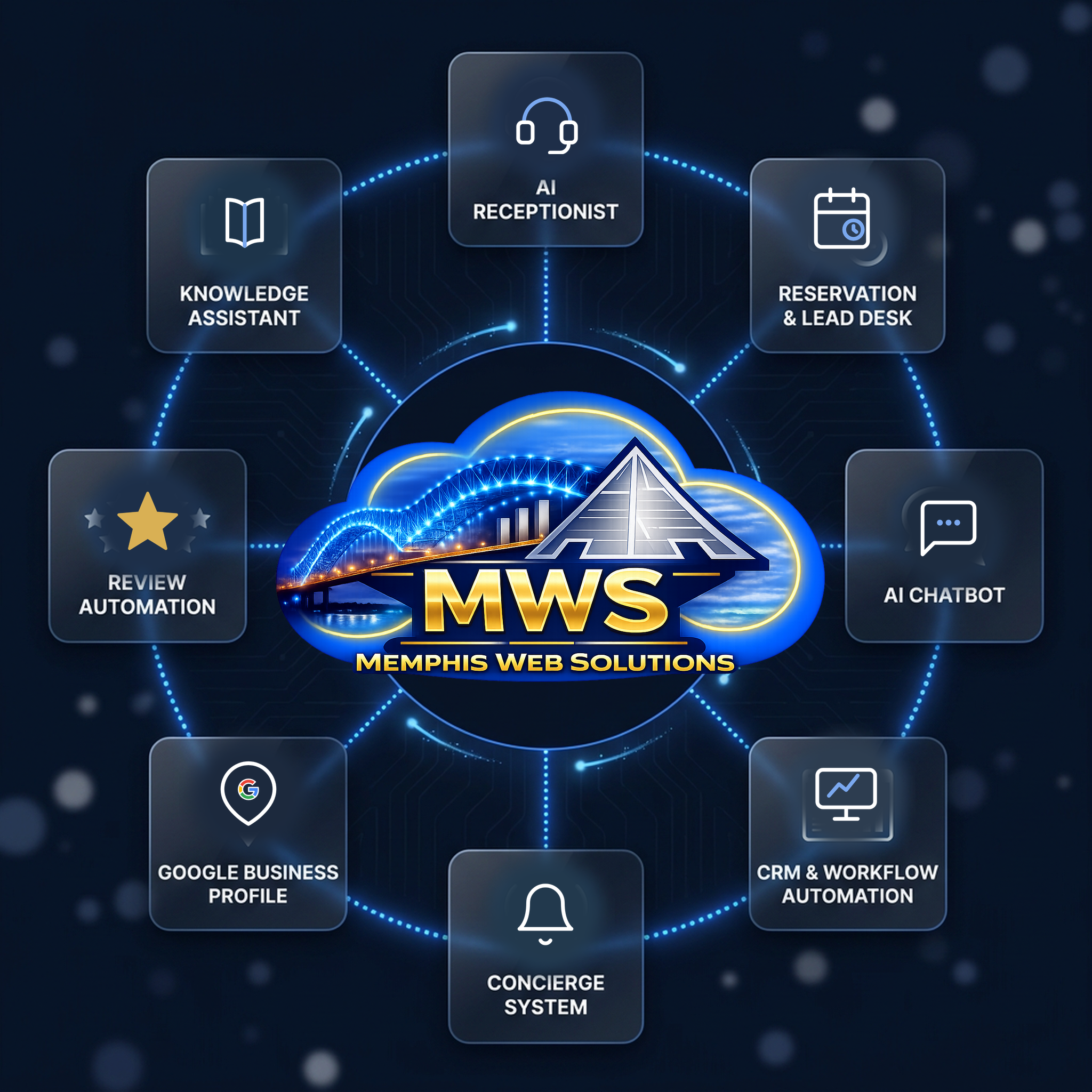 Memphis Web Solutions service ecosystem: AI Receptionist, Reservation and Lead Desk, AI Chatbot, CRM and Workflow Automation, Concierge Systems, Google Business Profile, Google Review Automation, and AI Knowledge Assistant, all connected to the central MWS logo. Website and Domain, and DNS and Upkeep route to the central MWS logo.